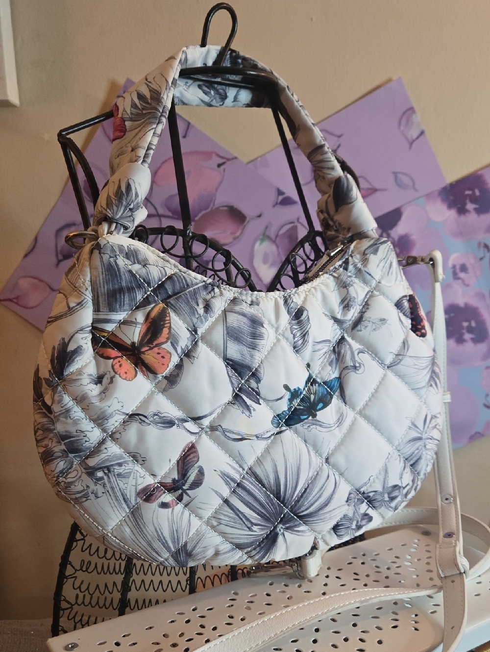 Quilted Butterfly-Print Shoulder Bag in White
